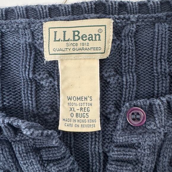 Vintage 1990s LL Bean Cable Knit Cardigan Sweater Navy 100% Cotton Hong Kong XL - Picture 2 of 9
